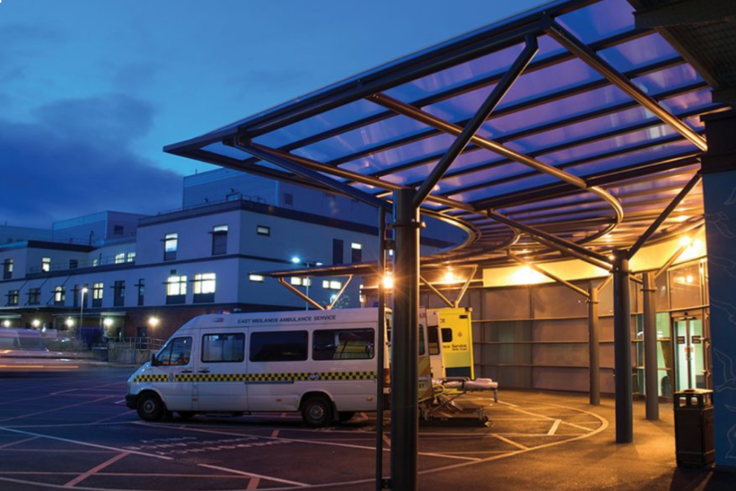 Glazed Drop Off Canopy at Royal Derby Hospital - Broxap