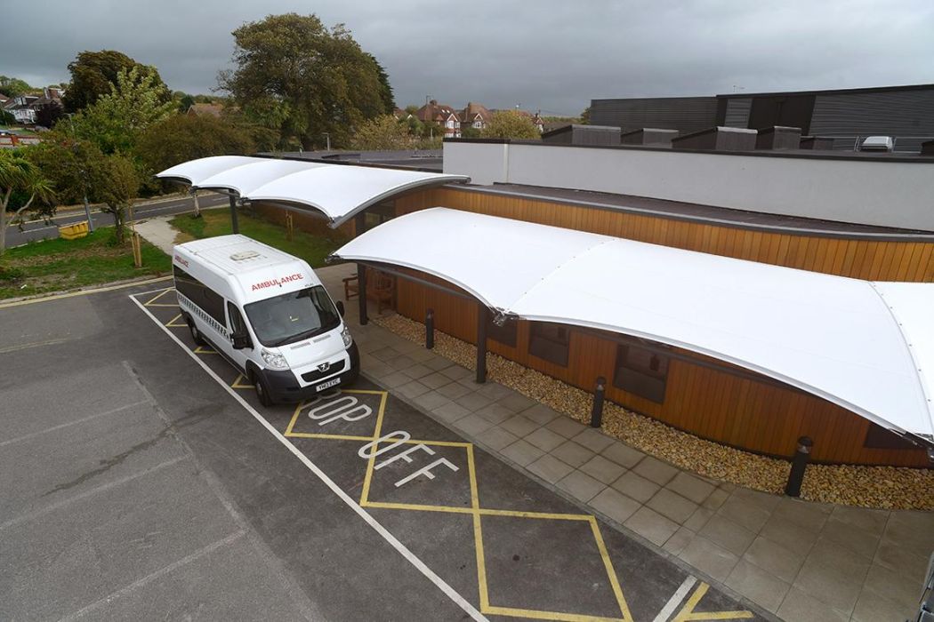 waterproof fabric tensile canopy at Southlands Hospital West Sussex
