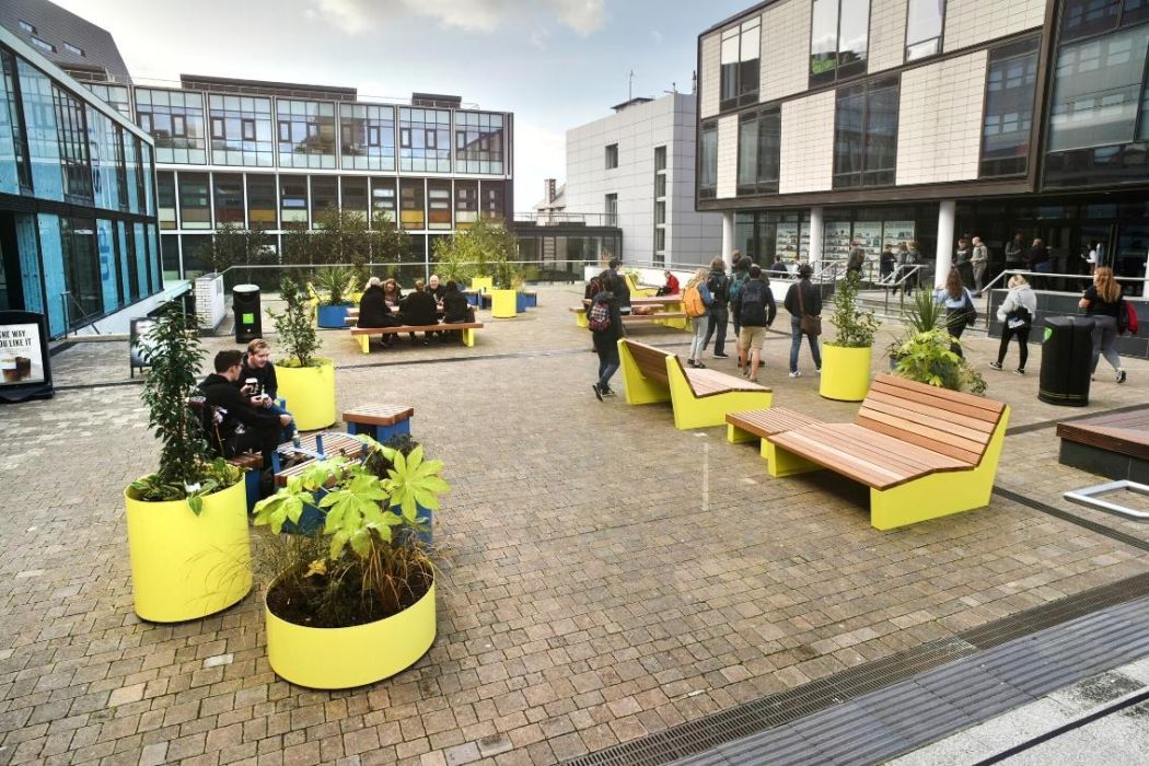 Outdoor Social Seating and Planters for University of Plymouth Students' Union | Broxap Street Furniture Case Study